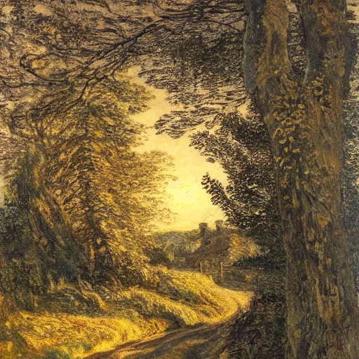 Image similar to a beautiful country path, golden light , sense of awe, in the style of Samuel Palmer