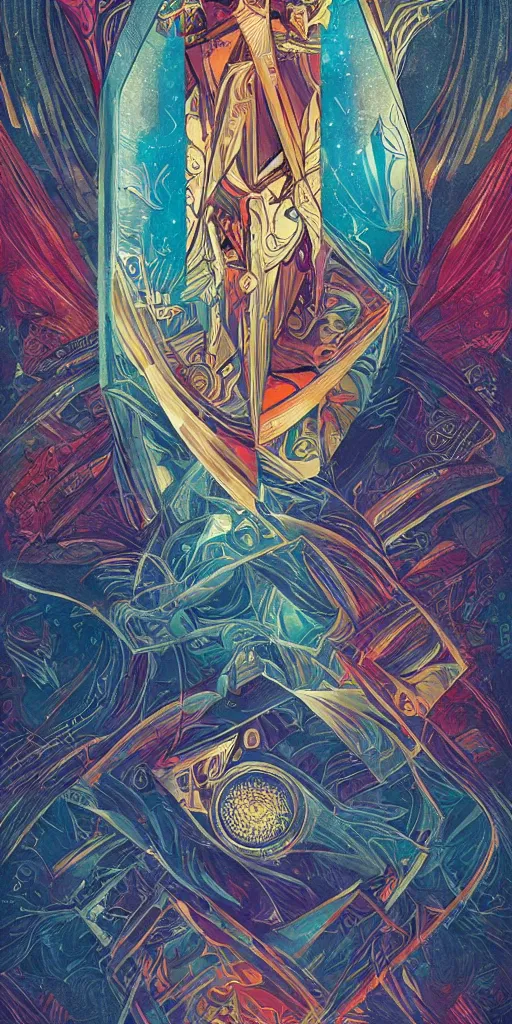 Image similar to a tarot card with an art deco boarder, by android jones