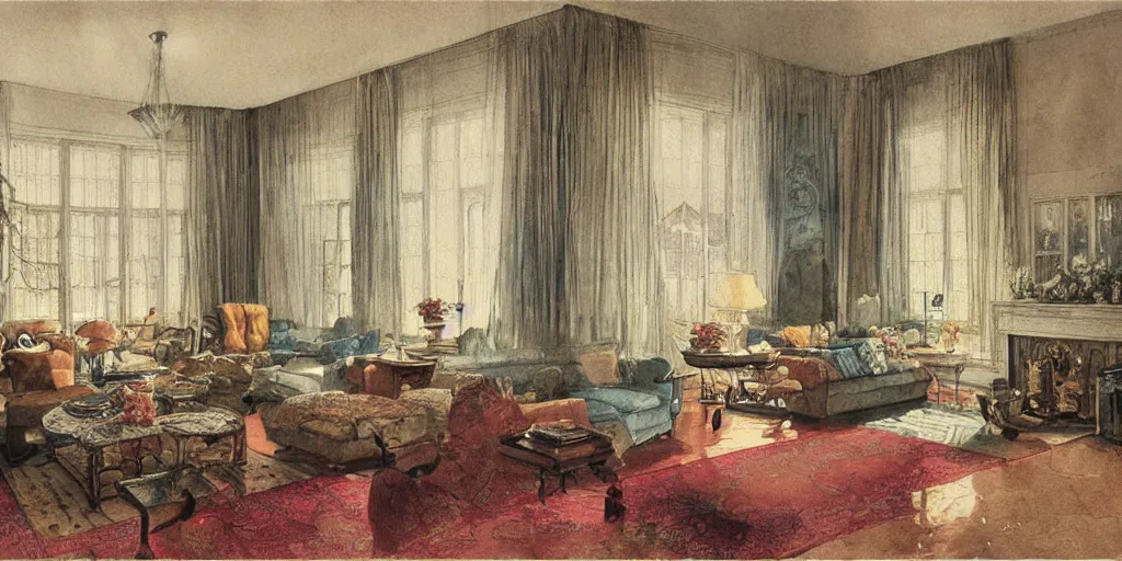 Prompt: a hiper intricate watercolor of a beatiful modern indoor living room, extremely detailed, sharp focus, wide view, detailed rought paper, digital illustration, colorfull, by william turner art, by greg rutowski, by carl larson, by edmund dulac