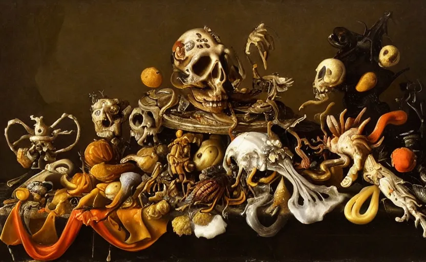 Image similar to disturbing grotesque dutch golden age vanitas still life with bizarre objects strange gooey surfaces siny metal bizarre insects rachel ruysch very detailed perfect composition rule of thirds masterpiece