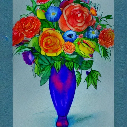 Image similar to a porcelain vase with a colorful and beautiful flower arrangement. very stylize and delicate watercolor and pencil drawing. long shotbeautiful lighting, 4 k post - processing, trending in art station, cg society, highly detailed, 5 k extremely detailed