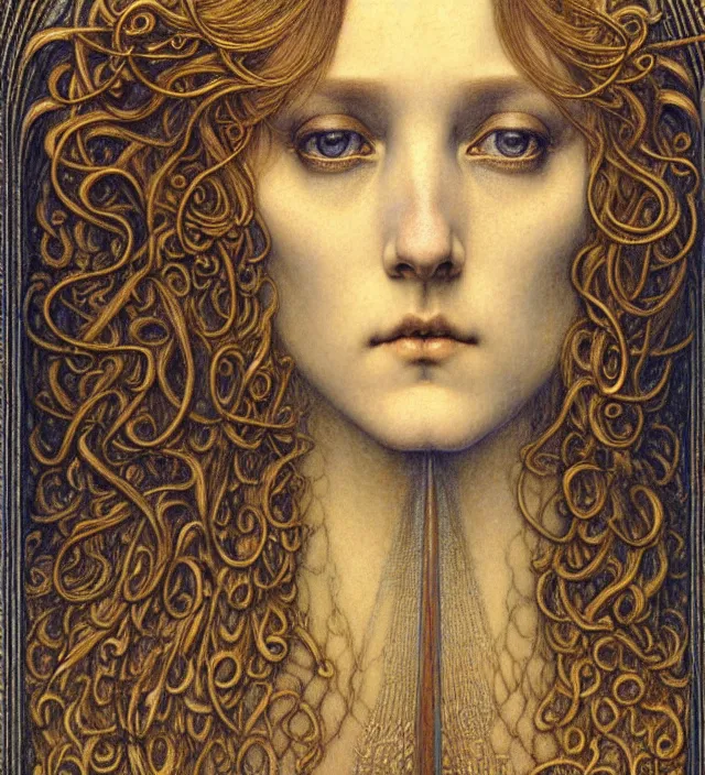 Image similar to detailed realistic beautiful young medieval queen face portrait by jean delville, gustave dore and marco mazzoni, art nouveau, symbolist, visionary, gothic, pre - raphaelite. horizontal symmetry