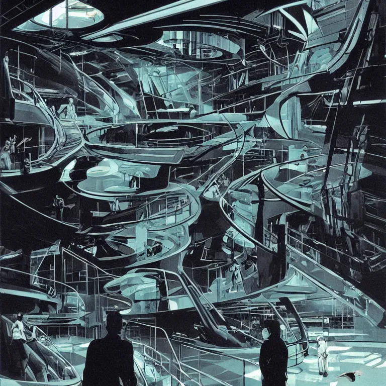 Prompt: 1970's sci-fi comic book art of silhouettes watching a large alien aquarium by Syd Mead. fancy futuristic architecture. highly detailed illustration. beautiful dark moody lighting.