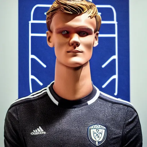 Image similar to a realistic detailed photo of a guy who is an attractive humanoid who is half robot and half humanoid, who is a male android, soccer player martin ødegaard, shiny skin, posing like a statue, blank stare, in a living room, on display, showing off his muscles