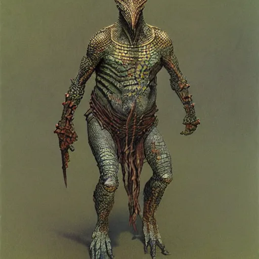 Image similar to lizardman warrior concept, tribal, beksinski