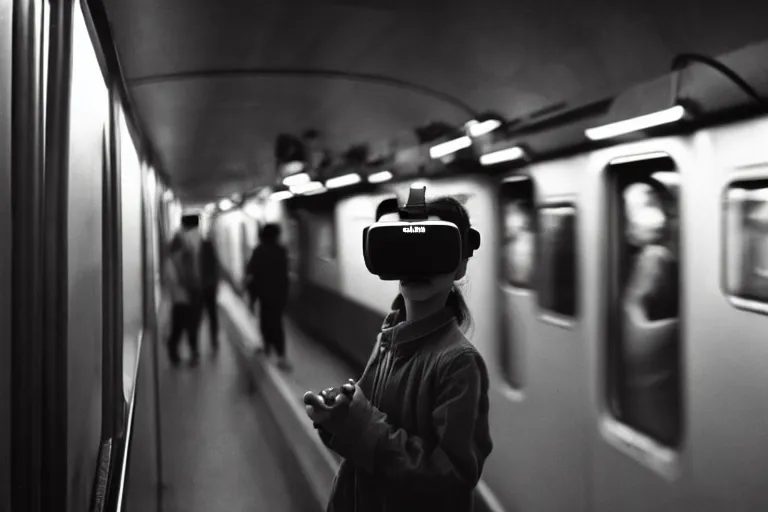 Prompt: girl in vr headset in a subway, richard avedon, tri - x pan, ominous lighting