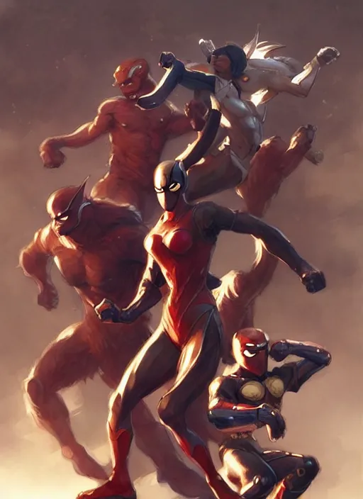 Prompt: superhero group of anthropomorphic ape kids in super hero costumes in battle pose, intricate, elegant, highly detailed, artstation, art by artgerm, art by greg rutkowski, anime, stylish, mucha, cyberpunk, concept art, smooth, sharp focus, wlop