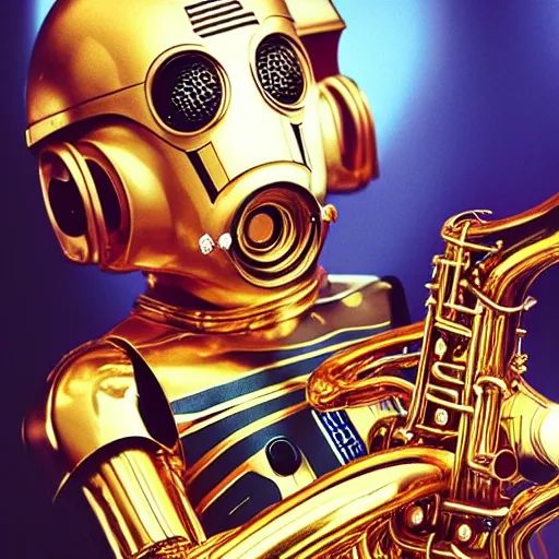 Prompt: “c3po as a saxophone, r2d2 as a synthesiser hq professional photo”