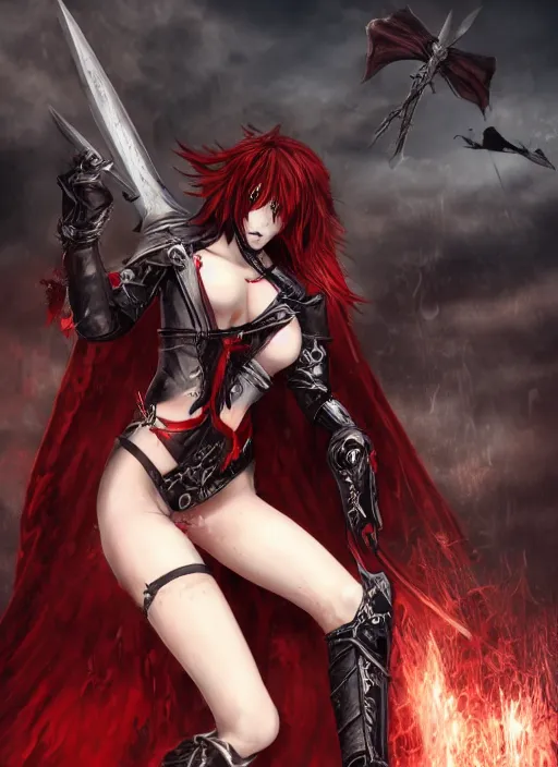 Prompt: female vampire knight, flying, barefoot, black plate armor, realistic armor, monstrous mask, giant two - handed sword dripping blood, red wings, grinning, barefeet, detailed, reasonable fantasy.