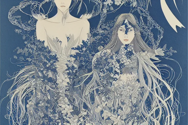 Image similar to werewolf portrait, phoenix in fire, orthodox saint, amalgamation of leaves and flowers. balenciaga, intricate complexity. matte paper, cut paper texture. by Jeffrey Catherine Jones, James jean, Miho Hirano, Hayao Miyazaki, coarse gritby. Full of light-blue and silver and white layers. Exquisite detail 8K