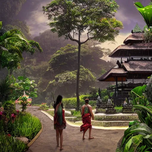 Image similar to A beautiful, perfect, impressive, amazing concept art digital CG painting of a place in Bali with people, trending on ArtStation, Unreal Engine