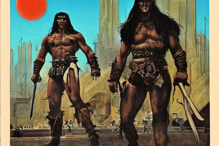 Image similar to 1979 OMNI Magazine Cover of Conan the barbarian as an orc At a Subway station in Neo-Tokyo in cyberpunk style by Vincent Di Fate