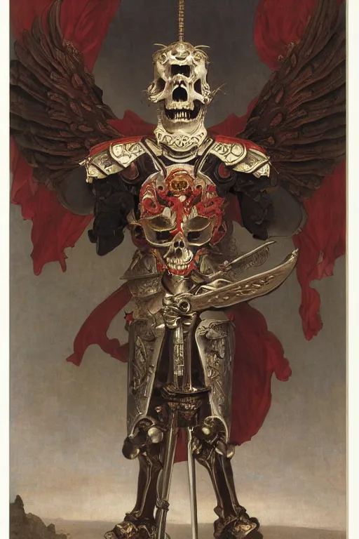 Prompt: portrait of a skeleton with chinese dragon in armor and helmet, majestic, solemn, big sword, wearing helmets and armor with wings, symmetrical, solemn, sacred, aura, by bouguereau