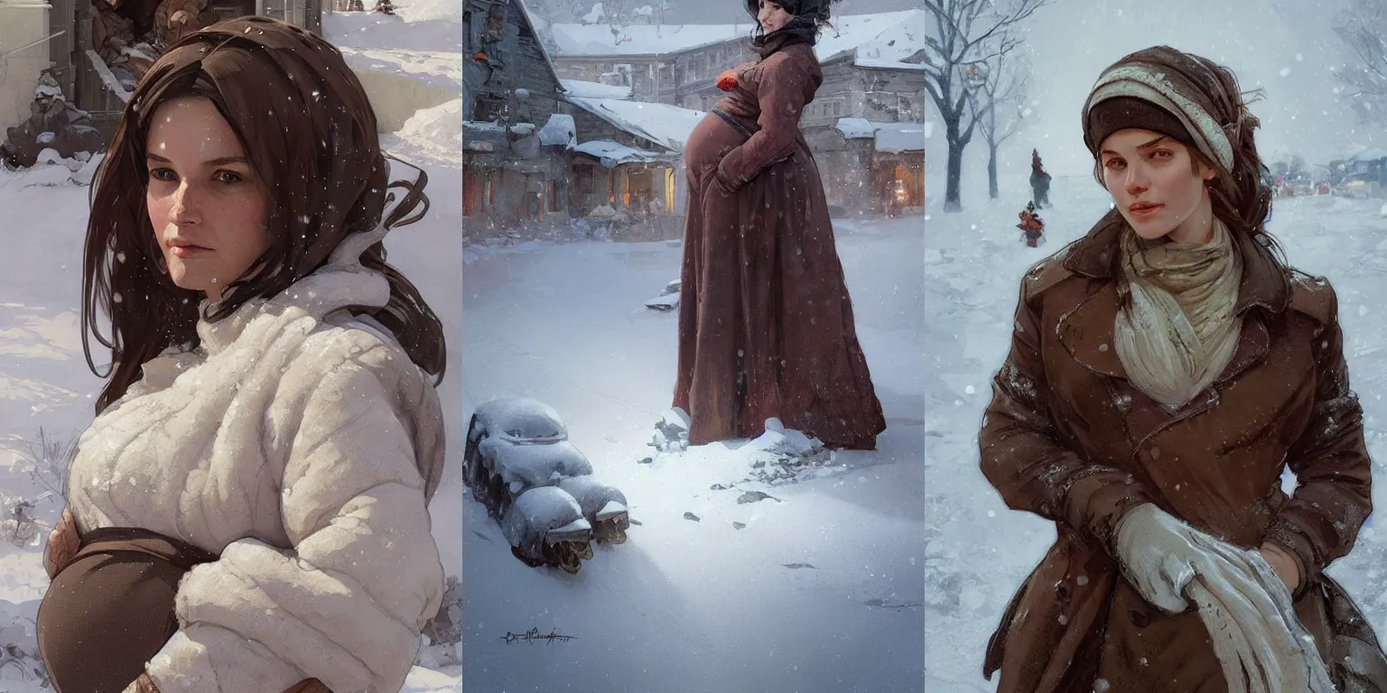 Prompt: portrait of a pregnant woman in the besieged Leningrad in winter, , digital painting, artstation, concept art, smooth, sharp focus, illustration, art by artgerm and greg rutkowski and alphonse mucha