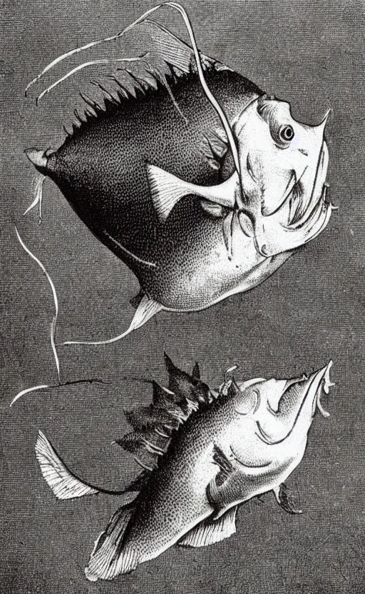Prompt: illustration of an anglerfish, 1 9 0 0 s, highly detailed