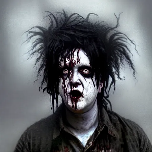 Prompt: early robert smith as a zombie looking shy, 7 days to die zombie, fine art, award winning, intricate, elegant, sharp focus, cinematic lighting, highly detailed, digital painting, 8 k concept art, art by z. w. gu, art by brom, art by michael hussar, masterpiece, 8 k