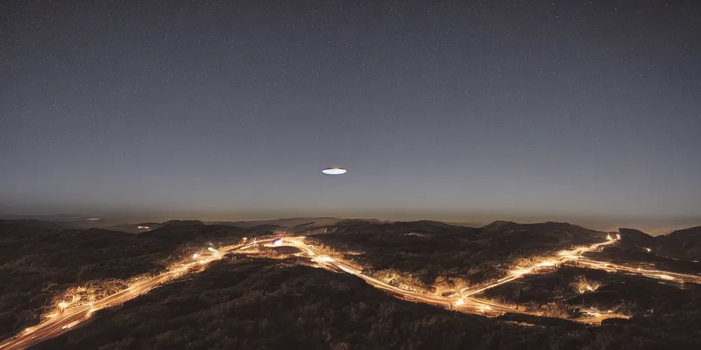Image similar to ufo hovered over a beautiful night area, surreal, photography, high detailed, 8 k, perfect shape