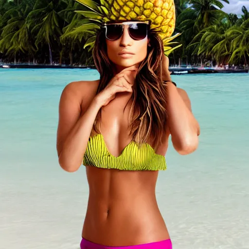 Image similar to j - lo, coconut bikini and a pineapple hat, professional photography, photoshop