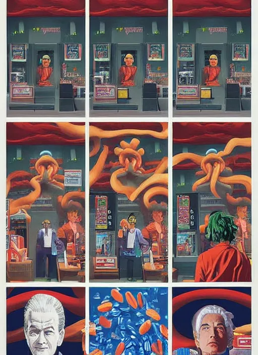 Prompt: Twin Peaks art, of Goku standing in line at McDonalds wanting to order a Big Mac, poster artwork by Sam Weber, Laurent Durieux from scene from Twin Peaks, from scene from Twin Peaks, clean, New Yorker magazine cover