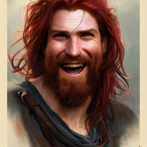 Image similar to portrait of a young ruggedly handsome but joyful pirate, male, masculine, upper body, red crimson hair, long flowing hair, fantasy, wide grin, intricate, elegant, highly detailed, digital painting, artstation, concept art, matte, sharp focus, illustration, art by artgerm and greg rutkowski and alphonse mucha