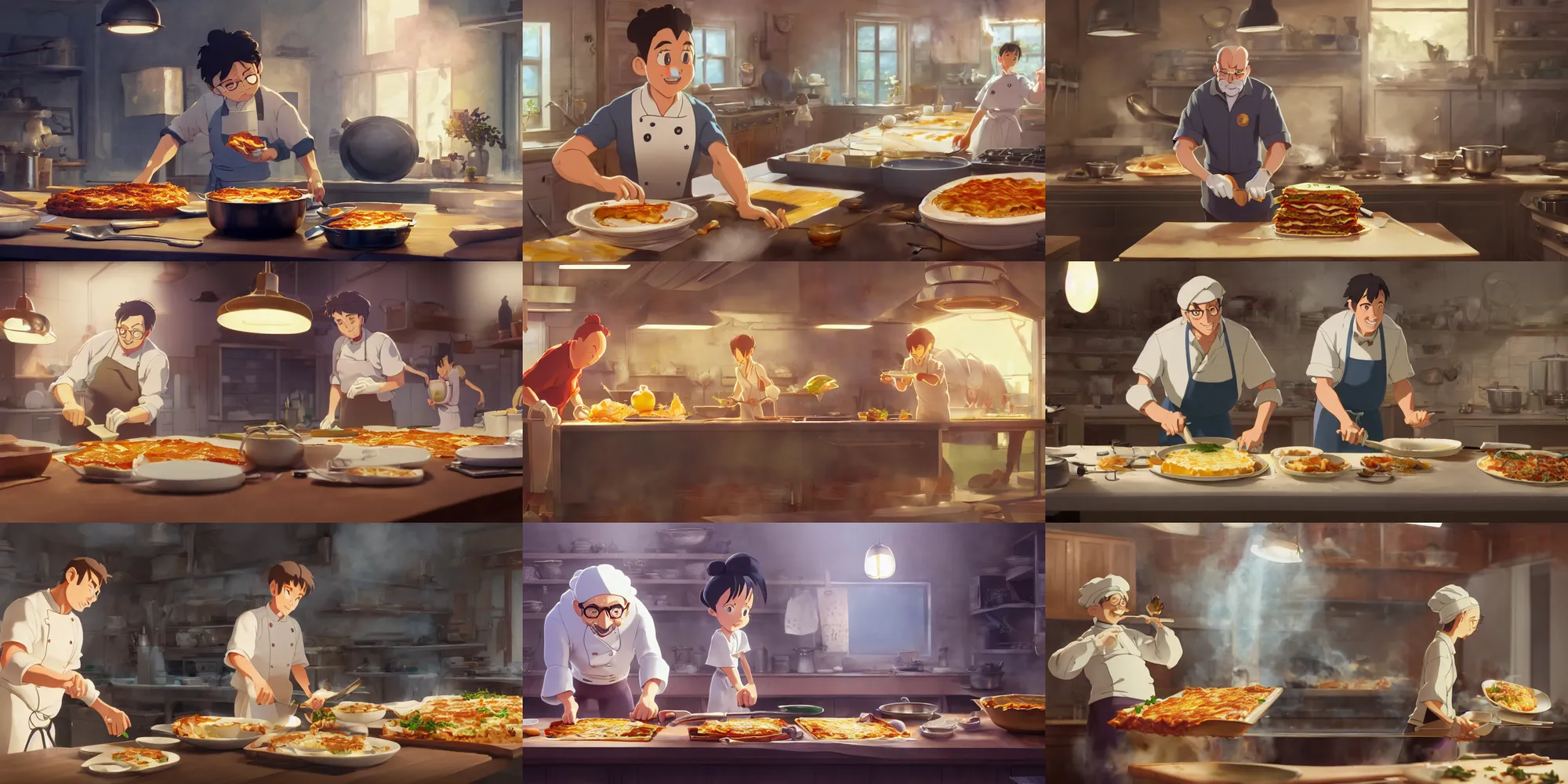 Prompt: a wholesome animation key shot of an experienced master chef cooking a tasty lasagna in the kitchen, wide shot, waist up, studio Ghibli, Pixar and Disney animation, sharp, Rendered in Unreal Engine 5, anime key art by Greg Rutkowski, Bloom, dramatic lighting