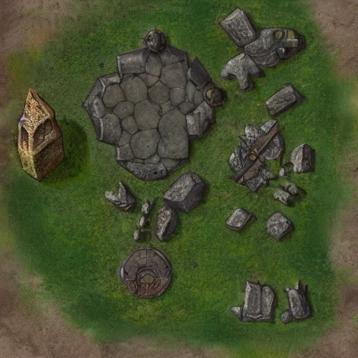 Prompt: RPG battlemap of a field surrounding the ruins of a fallen stone titan, Marc Adams, dramatic lighting, overhead