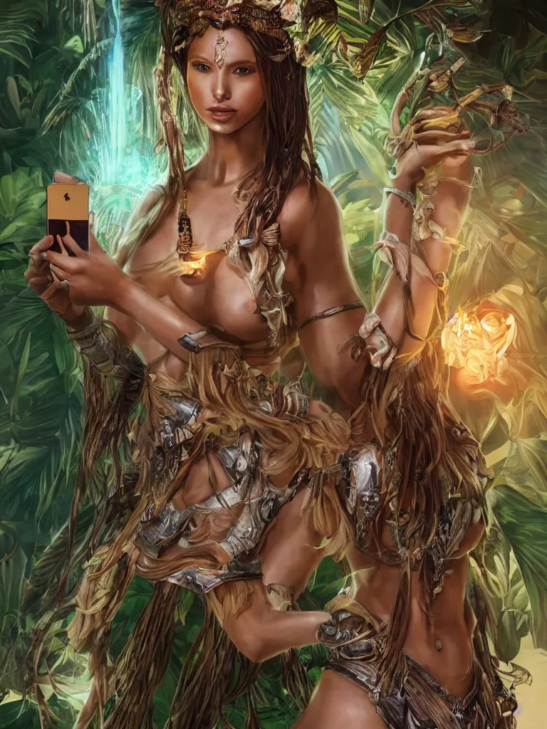 Prompt: portrait of nata lee as a beautiful warrior goddess in a tropical courtyard holding an iphone, decolletage, confident pose, coherent, insane detail, concept art, character concept, cinematic lighting, global illumination radiating a glowing aura