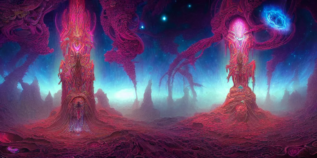 Prompt: of a beautiful digital photorealistic painting of a large alien shrine life and death surrounded by mystic nebula magical rosses by moebius and android jones, oil on canvas sharp, details, hyper - detailed, hd, hdr, 4 k, 8 k