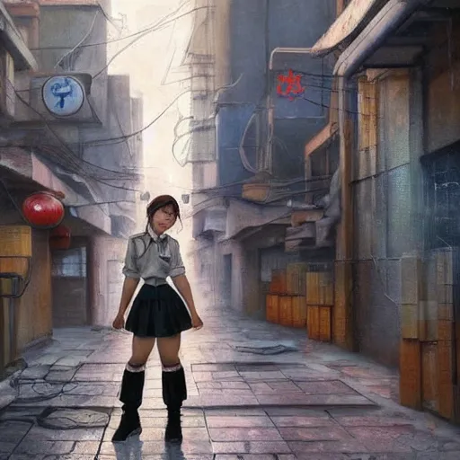 Prompt: a perfect, realistic professional socialist realism socrealist painting of a Japanese schoolgirl posing in a dystopian alleyway, style of Marvel, full length, by a professional Soviet senior artist on ArtStation, a high-quality concept