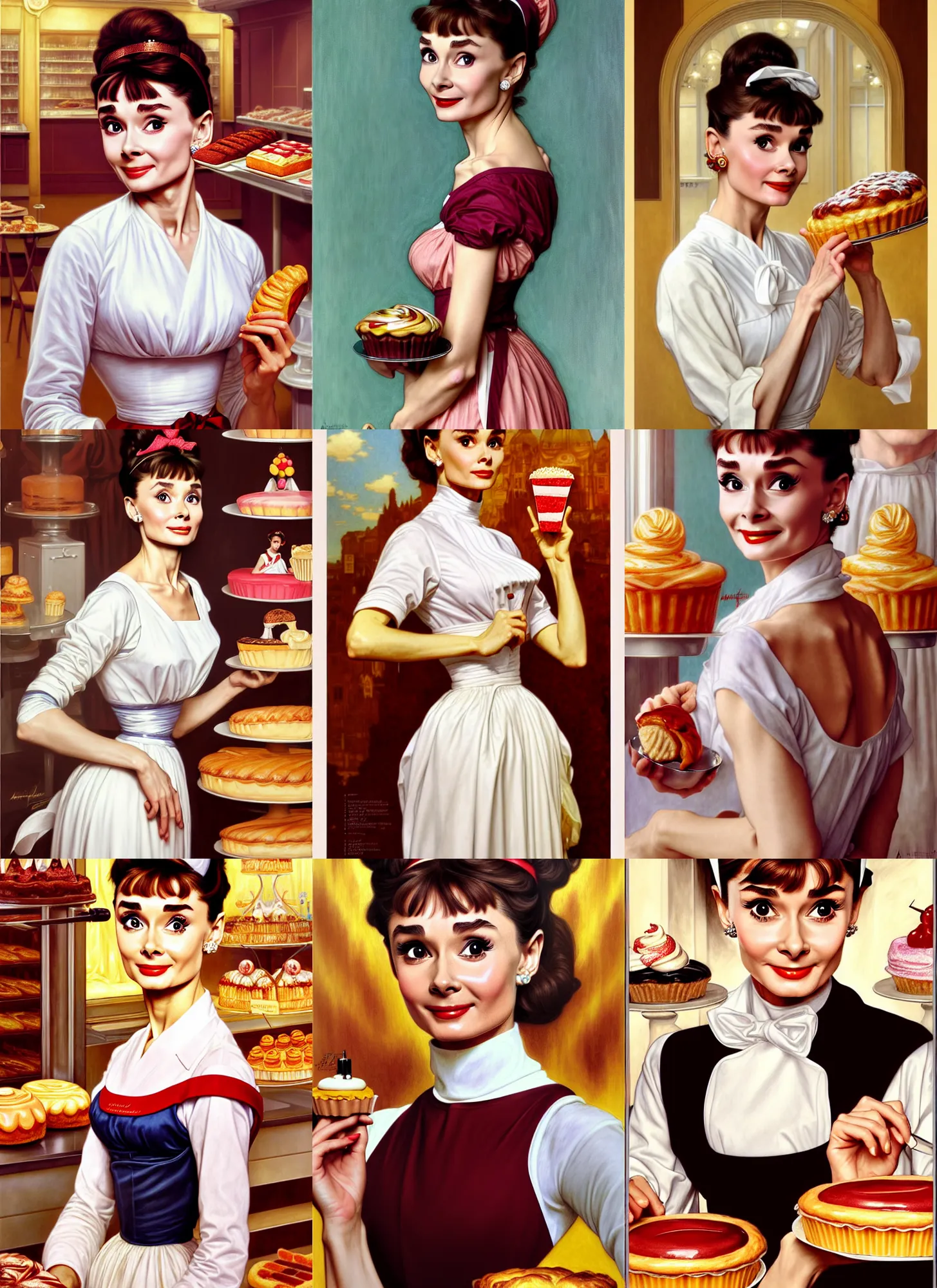 Prompt: portrait audrey hepburn as hot confectioner in a pastry shop, full length shot, shining, 8 k highly detailed, sharp focus, illustration, art by artgerm, mucha, bouguereau