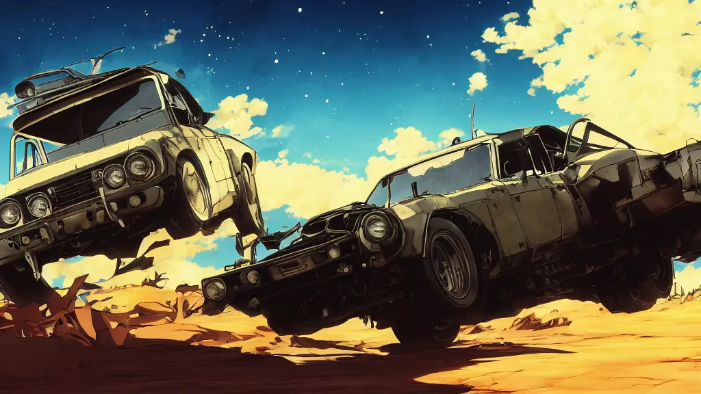 Image similar to anime illustration of mad max's fj 4 0 pursuit special, the last v 8 interceptor driving down to the gates of valhalla highway, riding fury road eternal shiny and chrome, world of fire and blood, by makoto shinkai, ilya kuvshinov, lois van baarle, rossdraws, basquiat, global illumination ray tracing hdr