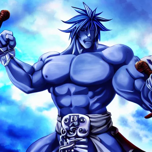 Image similar to four handed muscular man, blue skin, swords in hands, anime HD, anime,