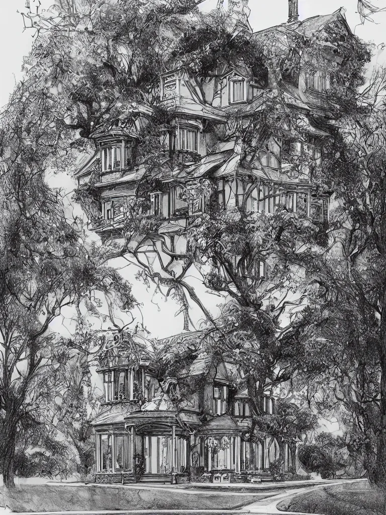Prompt: a victorian house with a tree at its left side and a garden at its right side, pencil drawing, black and white, trending on artstation, behance, deviantart, drawn by tom lovell, artgerm, jsc, j. scott campbell