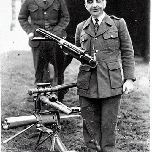 Image similar to old wartime photograph of mr. bean holding a lewis gun, 1 9 1 7