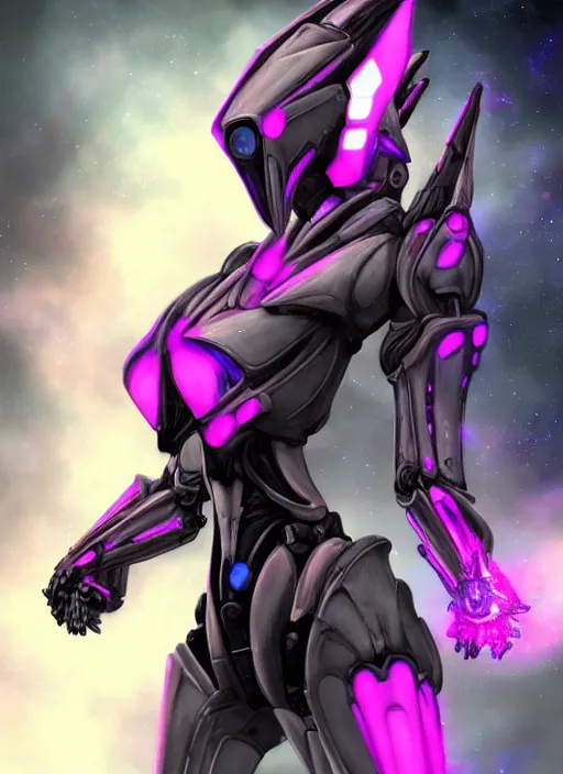 Image similar to cinematic shot, cosmic sized perfectly proportioned stunning beautiful hot female warframe, robot mecha female dragon head, mecha dragon maw, silver armor, fuschia leds, floating in empty space, nebula sized, holding a galaxy, epic proportions, epic size, epic scale, furry art, dragon art, giantess art, warframe fanart, furaffinity, deviantart