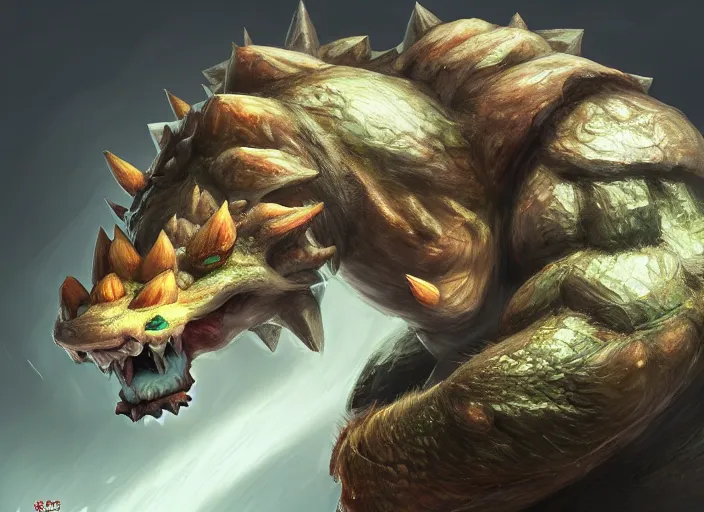 Image similar to detailed concept art of a huge giant bowser by cheng yi and luolin, aartstation, artstationhd, detailed scales, bowser, bowser nintendo, koopa, ~ bowser # bowser ( ( mario ) ) bcy. net, realistic. cheng yi