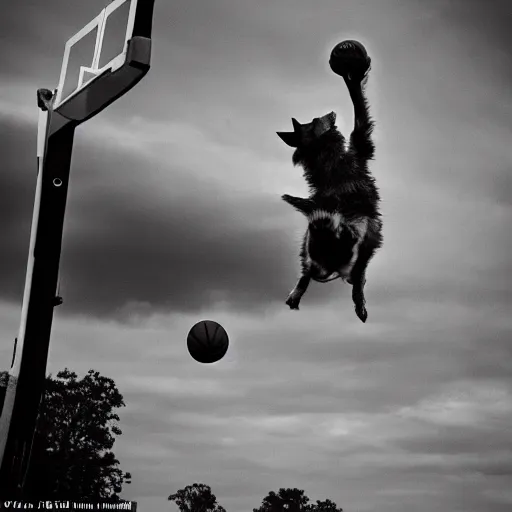 Prompt: An dramatic, iconic , awardwinning photograph of an dog doing a slam dunk in the basketball court in the afternoon, detailed,