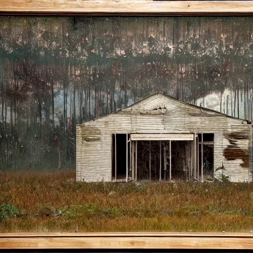 Prompt: an abandoned store's exterior in the middle of nowhere, by william christenberry, ultra detailed, rainy, beautiful