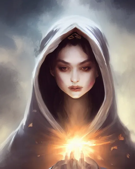 Image similar to a beautiful female cleric wearing a cloak, ethereal, dreamy, backlit, realistic face, realistic lighting, sharp focus, windswept, rule of thirds, by artgerm, wlop, rossdraws, frank frazetta, andrei riabovitchev, trending on artstation, hd, 4 k, fantasy