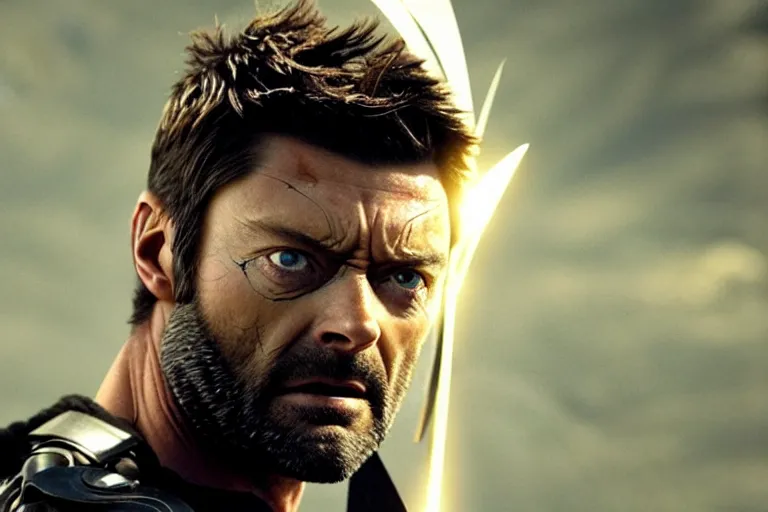 Image similar to film still frame of karl urban as wolverine, beard, wolverine's face, wolverine's claws, adamantium, high quality