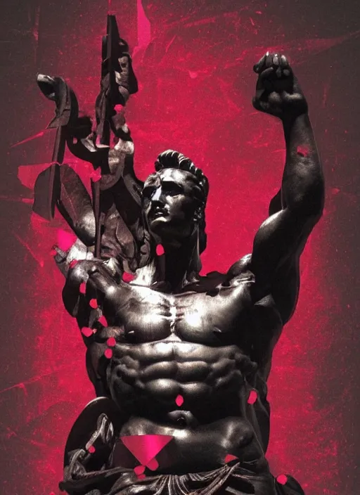 Image similar to dark design poster showing a statue of hercules, black background with very subtle red and purple design elements, powerful, nekro, guido crepax, graphic design, collage art, dark, glitch art, neo vaporwave, gritty, layout frame, square, trending on artstation