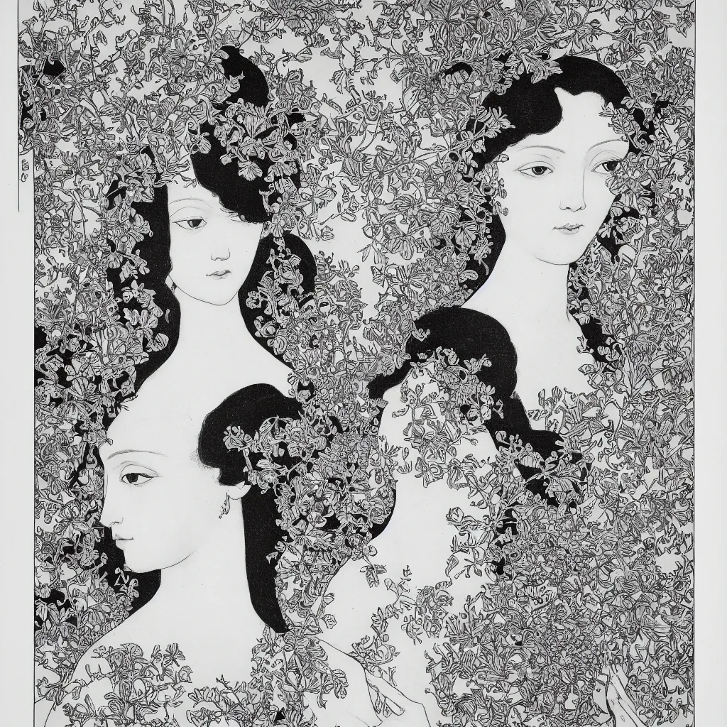 Image similar to , 4k, highly detailed, sharp focus 4k, highly detailed, sharp focus lithography by Aubrey Beardsley, Portrait of a beautiful woman with flowers in her hair