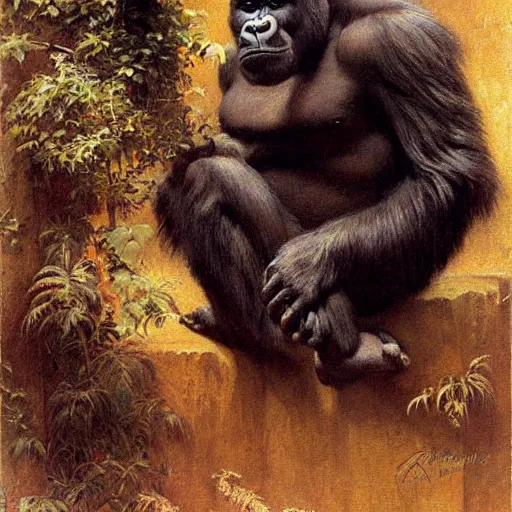 Image similar to highley detailed potrait of a gorilla, painting by gaston bussiere, craig mullins, j. c. leyendecker, lights, art by ernst haeckel, john william godward, hammershøi,