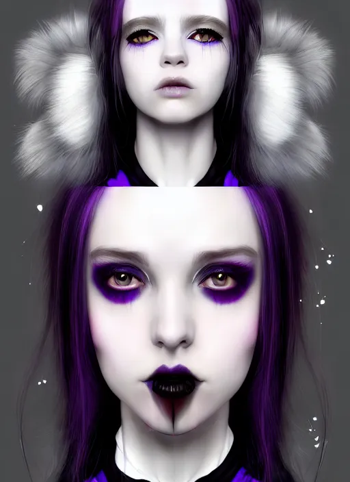 Image similar to portrait of white teenage girl, normal face, white bangs, mall goth, cyberlox, black and white hair, bangs, fluffy bangs, red contact lenses, purple lipstick, intricate, elegant, highly detailed, digital painting, artstation, concept art, sharp focus, smooth, illustration, art by wlop, mars ravelo and greg rutkowski