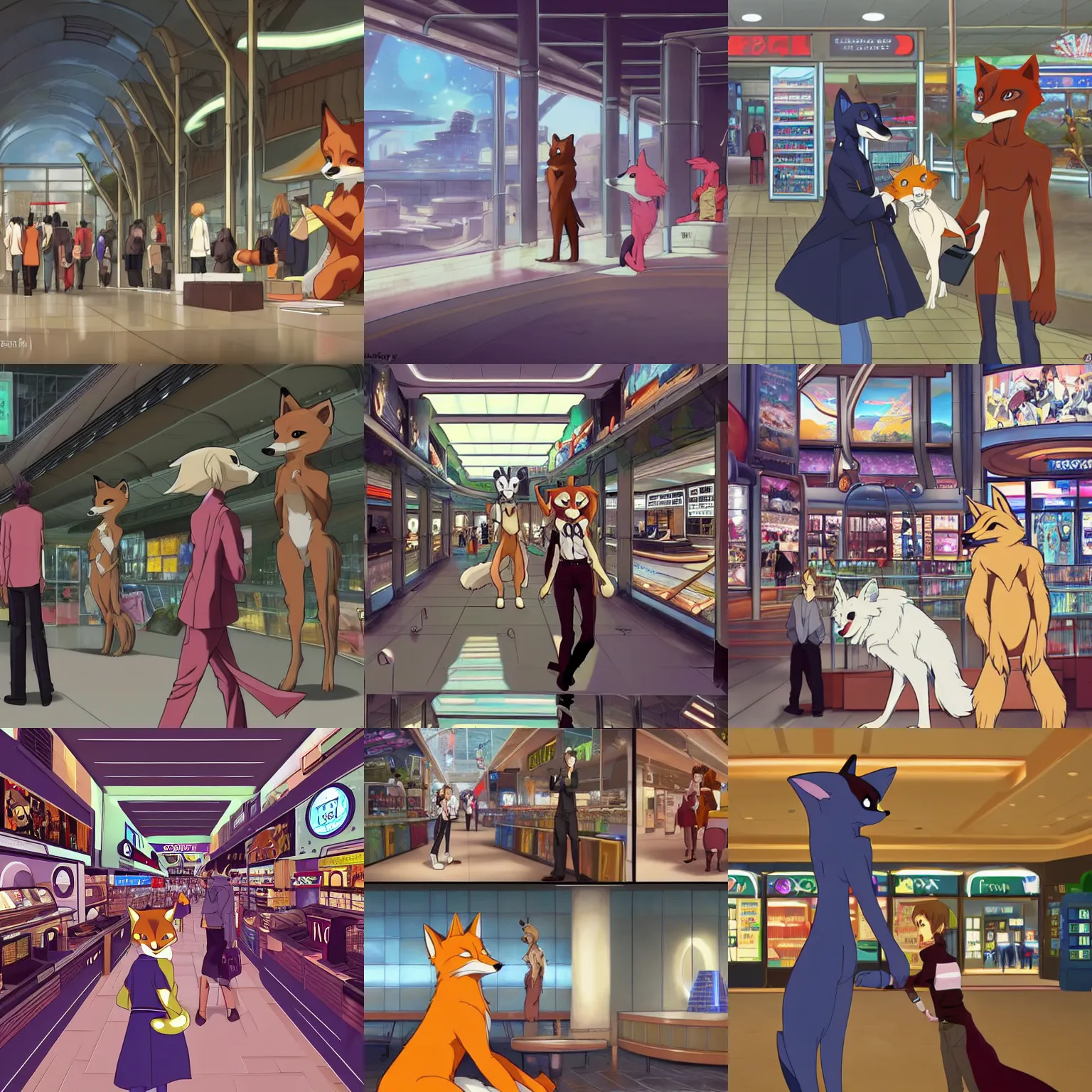 Prompt: an anthropomorphic!!!! furry!!!! ( fox ) shopping at a futuristic mall, photorealistic, anime!!!!, makoto shinkai, james gurney, don bluth, hibbary, dark natasha, goldenwolf, furaffinity!!!!