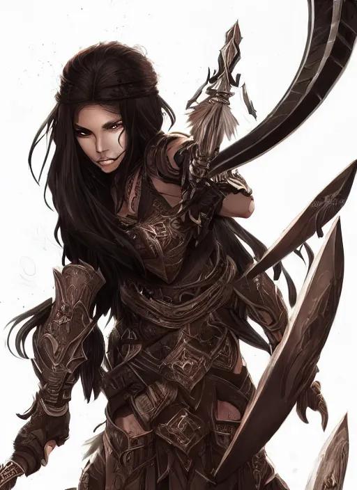 Image similar to beautiful warrior lady, black long hair, practical armor, brown skin, demonic eyes, low fantasy, extremely detailed, sharp focus, smooth, digital illustration, by rossdraws, frank franzzeta, sakimichan