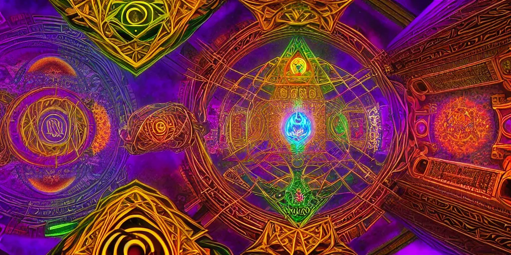 Image similar to dmt temple, sacred geometric buildings housing dmt time elves, psychedelic architecture, soul frequency, 8 k resolution, highly detailed,