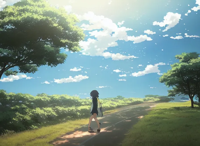 Prompt: chase the wind and touch the sky, anime scenery by Makoto Shinkai
