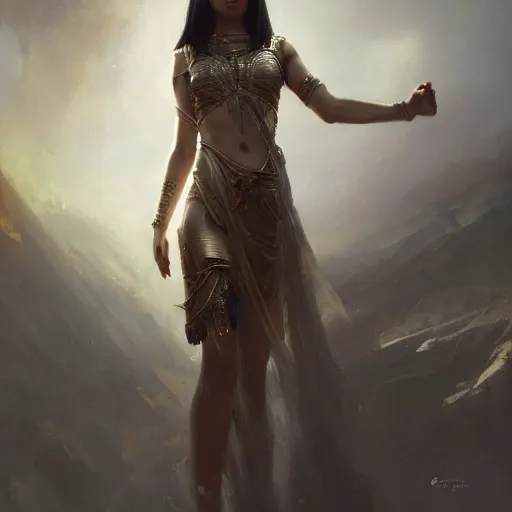 Prompt: a dramatic epic ethereal portrait of Cleopatra, full body with dynamic pose, female, detailed face, cinematic lighting, highly detailed oil on canvas painting by Greg Rutkowski, winning-award digital art trending on Artstation H 1024 W 832