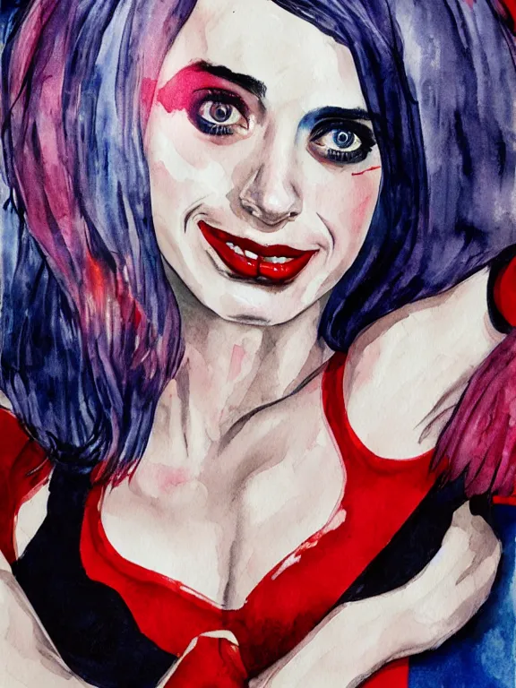 Image similar to portrait of a young krysten ritter as harley quinn, closing her eyes, aquarelle, realistic painting, freckles, 1 / 4 headshot